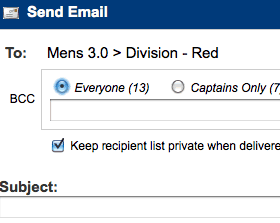 Easily Email the captains or players at a division, playing level or entire league